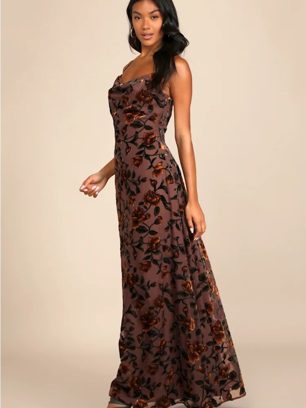 Lulu's Strapless Brown Velvet Floral Maxi Dress with Rust Blooms - Picture 4 of 7